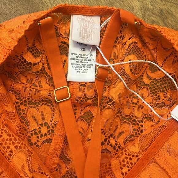 We are HAH 'Comin' in Haht' Orange Deep V Neck Lace Bodysuit NWT - Picture 11 of 11